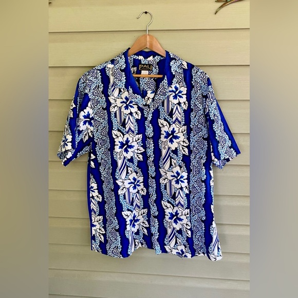 PALI vintage Hawaiian shirt cobalt blue white hibiscus men’s sz XL vacation EUC - Picture 8 of 12